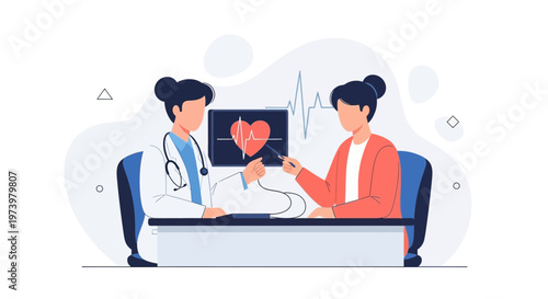 Doctor consulting patient about heart health, showing EKG results on screen