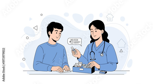 Doctor giving medication to patient, medical consultation, healthcare concept
