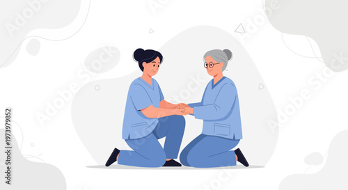 Nurse comforting elderly woman, compassionate care, medical support, empathy, healthcare concept