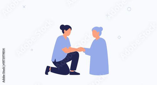 Caring daughter kneels to hold elderly mother's hands, showing love and support