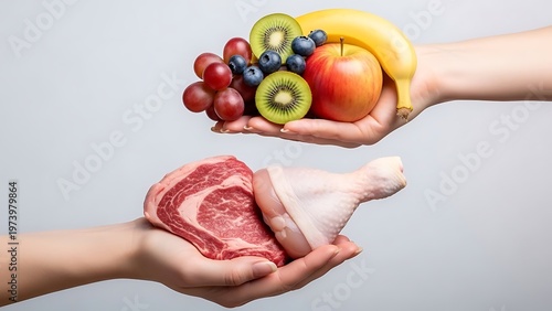 Contrasting food choices displaying a balance between fruits and meat