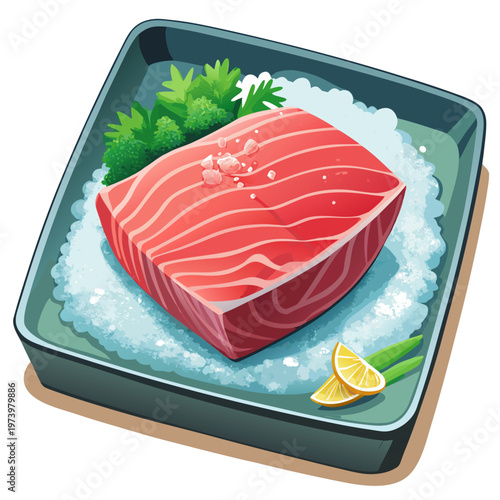 A gourmet plate of raw pork chops, beef steak, and fresh salmon fillet slices served with lemon and green herbs as a healthy, colorful red and orange meat and seafood dish isolated on white