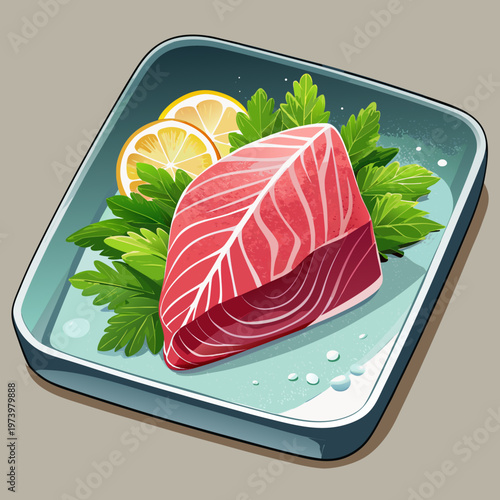 Fresh raw salmon steak and gourmet fillet slices served as a healthy seafood meal with lemon and orange accents for a delicious sushi or sashimi dinner dish isolated on white
