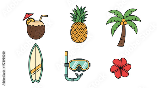 Tropical Summer Vacation and Beach Holiday Flat Icons. Coconut Drink, Pineapple, Palm Tree, Surfboard, Snorkel, Flower