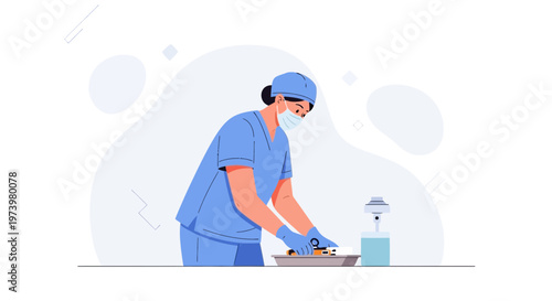 Nurse in blue scrubs and mask preparing medical instruments on a tray