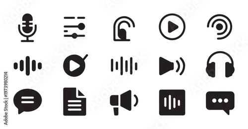 Audio control and sound wave icon collection for software interface and mobile application.