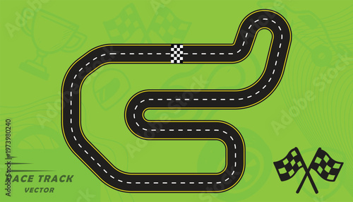 Creative vector illusion of race track or road symbol isolated on green background.