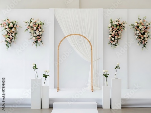Elegant wedding backdrop with floral arrangements and minimalistic style