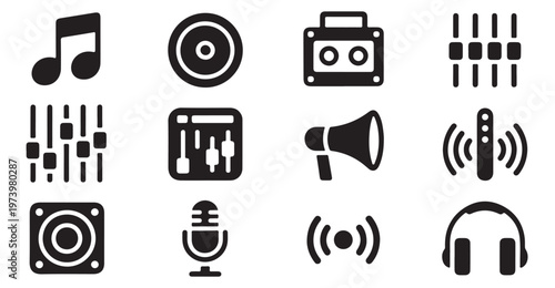 Set of music and audio icons with different equipment and symbols for sound.