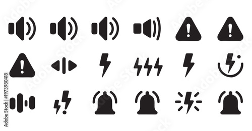 Collection of alert and notification icons including volume, alert, and lightning symbols.