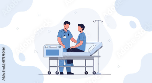 Doctor examining patient on hospital bed, medical care concept