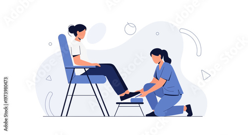Podiatrist examining patient's foot, medical illustration, healthcare concept