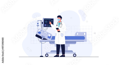 Doctor Examining Patient Monitor in Hospital Room with Bed