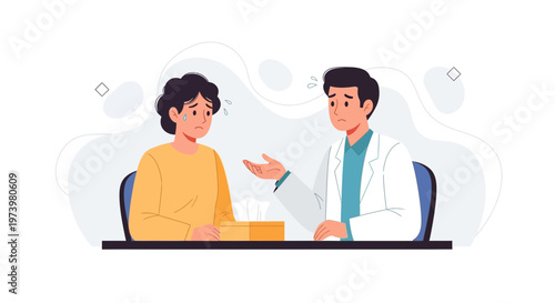 Doctor comforting patient during consultation, mental health support, empathy and care