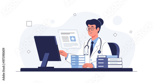 Doctor working on computer with medical records and books, illustration