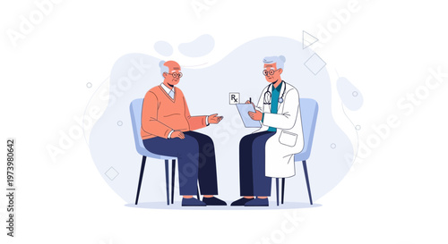 Doctor consulting elderly patient, writing prescription, healthcare concept