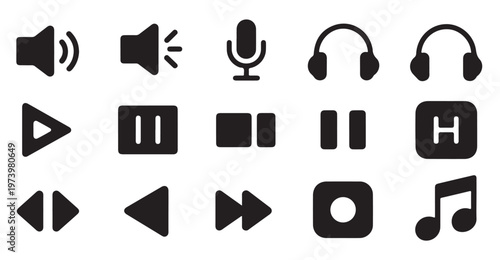 Music control button set with volume speakers microphone headphones playback and music notes.