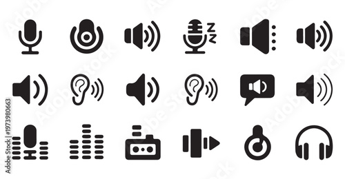 Set of sound and audio icons, volume and speaker symbols, microphone, sound wave, ear, headphones.