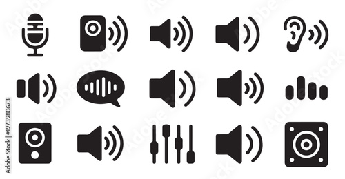 Set of sound and audio icons, volume and speaker symbols, microphone, sound wave, ear, equalizer.