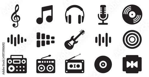 Set of music and audio icons, musical notes, headphones, microphone, guitar, sound waves, speakers.