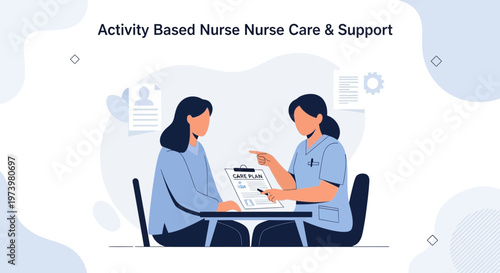Nurse discussing care plan with patient, activity based nurse care and support concept