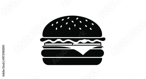 Minimalist vector graphic illustration of a delicious cheeseburger featuring sesame seeds on the bun designed for modern food branding menus or simple restaurant icon style displays