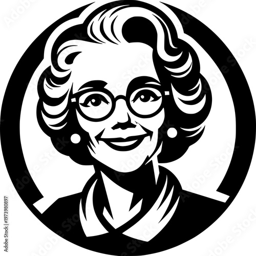 Black and white portrait of a old grandma in a vector illustration design featuring a face icon and artistic symbol.