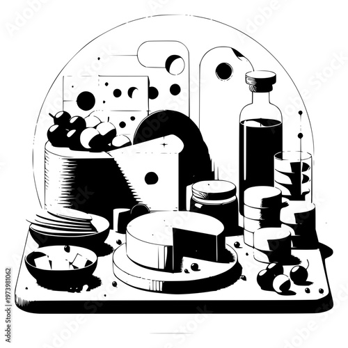 Cheese and Delicacies: An artistic monochrome still life, showcasing a delectable arrangement of cheese and complementary delicacies.