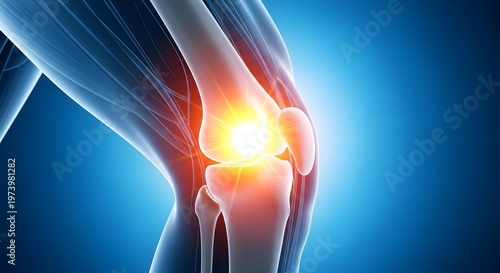 Human Knee Joint Anatomy with Glowing Painful Inflammation and Bone Structure