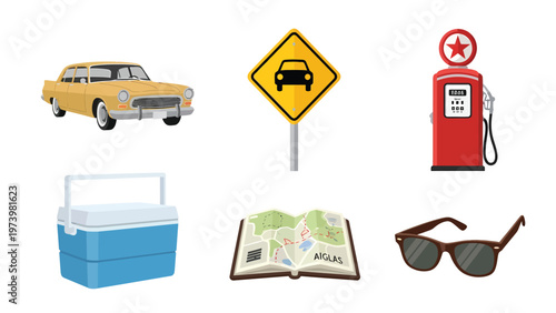 Road Trip Essentials: Classic Car, Vintage Gas Pump, Map, Cooler, Sunglasses, and Road Sign Icons