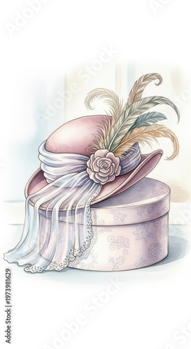 Elegant vintage hat with feathers and a lace veil rests on a decorative round box.