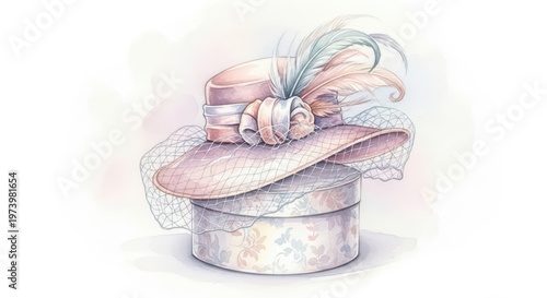 Elegant vintage hat with netting and feathers rests atop a decorative hatbox.