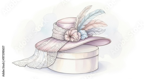 Elegant vintage style ladies hat rests gracefully on a round box with lace and feathers.