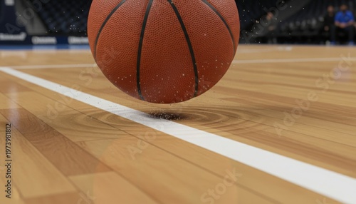 Basketball Bouncing on Hardwood Court with White Line.