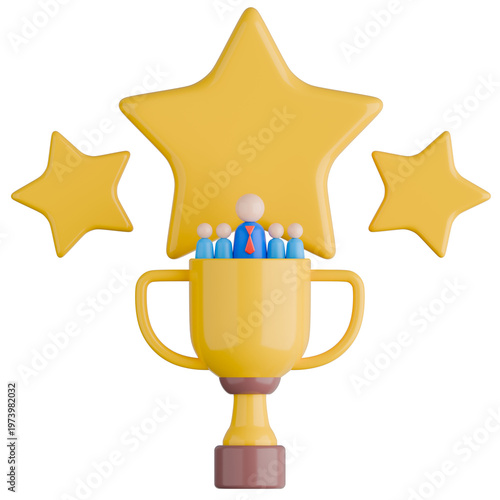 3D Business Achievement Trophy with Star and Team Illustration.