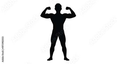 Strong muscular male athlete posing for a vector graphic illustration depicting physical fitness and body building success by displaying his toned biceps with power and pride