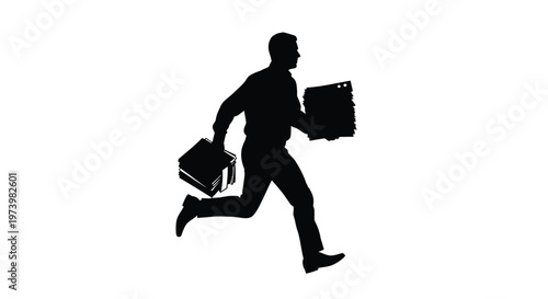 Professional businessman silhouette running quickly while carrying heavy stacks of paper files to complete urgent tasks during his busy day at the corporate office setting