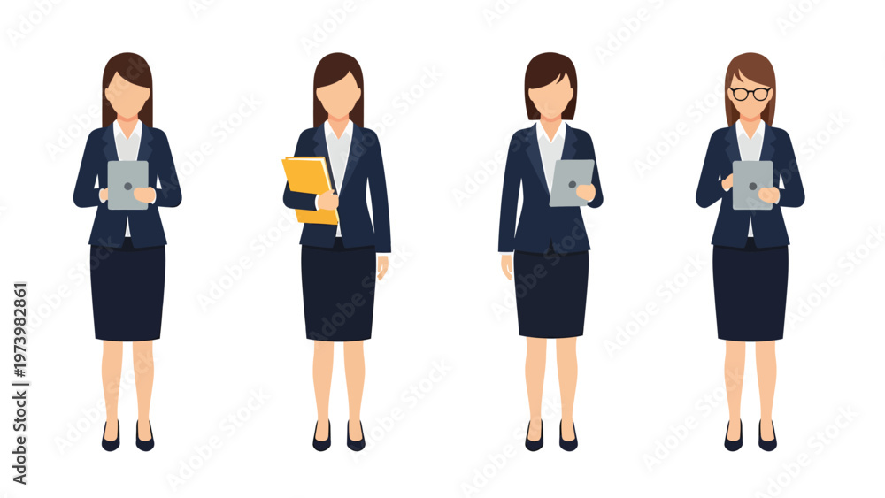 Obraz premium Professional Businesswomen Vector Set with Tablets and Folder. Diverse Female Office Workers in Suits, Flat Design Illustrations.