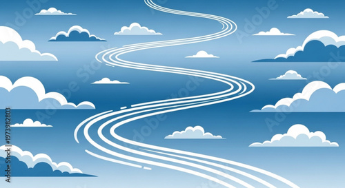 Abstract flowing lines representing a journey through clouds in a blue sky atmosphere for conceptual design and creative business growth projects