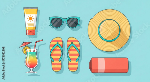 Summer vacation icons set featuring sunscreen sunglasses straw hat flip flops beach towel and tropical drink in clean flat vector style design