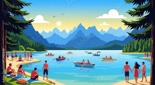 Scenic summer lake landscape illustration with people boating and swimming under sunny mountain peaks in a vibrant outdoor recreational setting