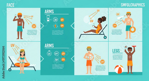 Sun protection skincare infographic showing application on face arms and legs for outdoor beach activities with uv ray diagrams and spf label illustrations