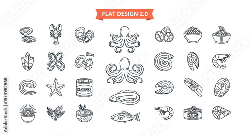 Seafood Icon Set - Minimalist Line Art of Fish, Shellfish, Octopus, and Crustaceans for Restaurant Menu Design and Culinary Branding