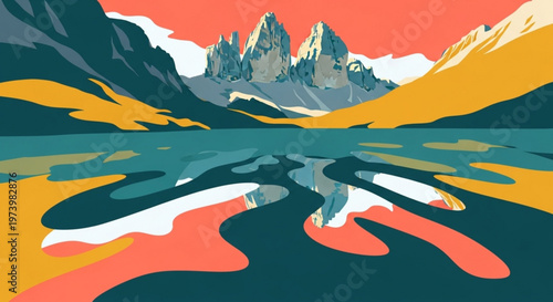 Abstract colorful landscape of the Three Peaks of Lavaredo in the Dolomites featuring geometric shapes and vibrant artistic color palettes