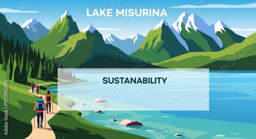 Lake Misurina mountain landscape illustration with hikers walking on a path and a sustainability overlay text box for environmental awareness projects