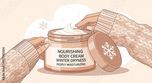 Woman hands applying nourishing body cream from jar with winter snowflake theme for cold weather skincare and moisturizing routine flat illustration