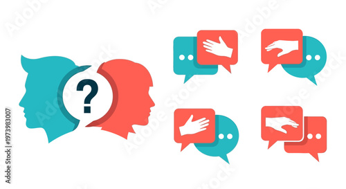 Man and Woman Relationship Communication Misunderstanding Vector Illustration Set with Speech Bubbles and Question Mark for Psychology Therapy and Counseling
