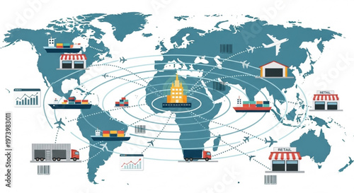 Global logistics and supply chain distribution network map with cargo ships planes and warehouses connecting international trade routes for business