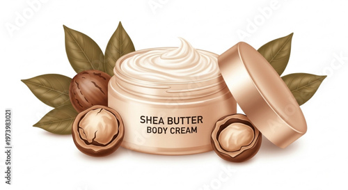 High quality realistic cosmetic jar of shea butter body cream surrounded by natural shea nuts and leaves for organic skincare product marketing