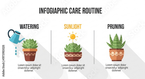 Educational infographic for succulent care routine demonstrating watering sunlight and pruning steps in a clean and organized flat vector style design